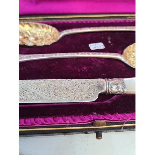 93 - A very pretty cased set of silver berry spoons, London 1893. Beautiful gilt bowls of fruit and folia... 