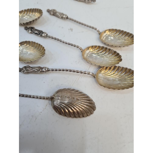 97 - A very pretty set of Victorian silver scallop gilt Apostle spoons having Wrythen handles, with match... 