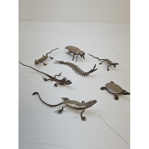 99 - A selection of white metal chameleons, insects and a turtle. Interesting lot of table decorations. C... 