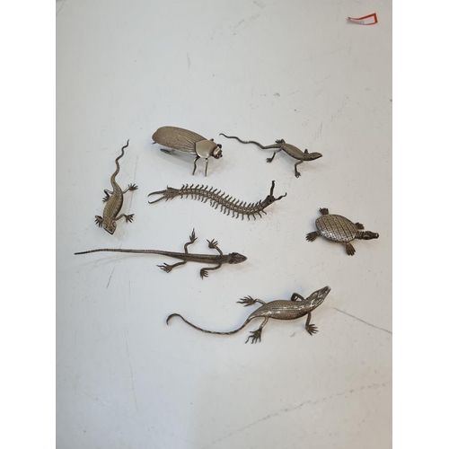 99 - A selection of white metal chameleons, insects and a turtle. Interesting lot of table decorations. C... 