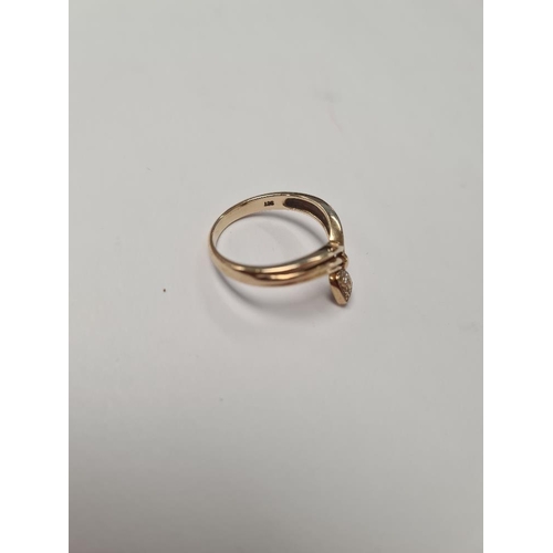 1004 - 9ct yellow gold wishbone ring with suspended heart pave set diamond chips, size P, approx 3g