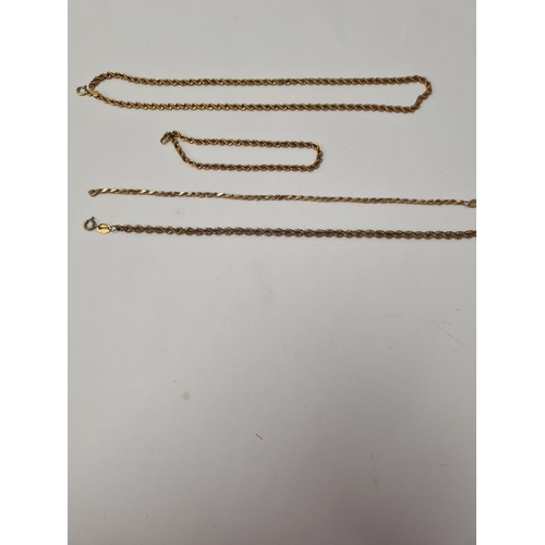 1010 - Two 9ct yellow gold ropetwist bracelets, both marked 375, and a 9ct yellow gold necklace, AF, approx... 