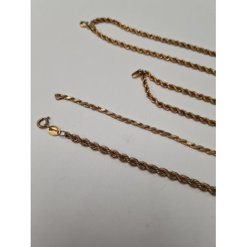 1010 - Two 9ct yellow gold ropetwist bracelets, both marked 375, and a 9ct yellow gold necklace, AF, approx... 