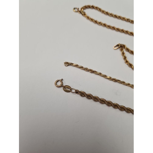 1010 - Two 9ct yellow gold ropetwist bracelets, both marked 375, and a 9ct yellow gold necklace, AF, approx... 