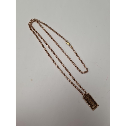 1016 - 9ct rose gold belcher chain, 62cm, marked 375, hung with a 9ct yellow gold rectangular St Christophe... 