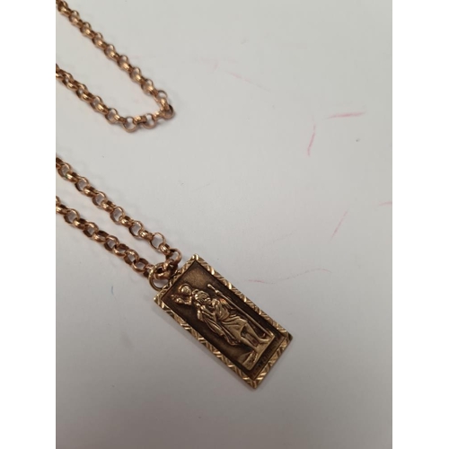 1016 - 9ct rose gold belcher chain, 62cm, marked 375, hung with a 9ct yellow gold rectangular St Christophe... 