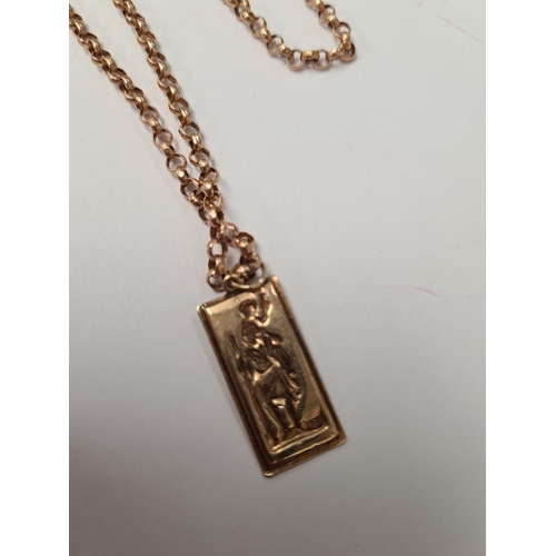 1016 - 9ct rose gold belcher chain, 62cm, marked 375, hung with a 9ct yellow gold rectangular St Christophe... 