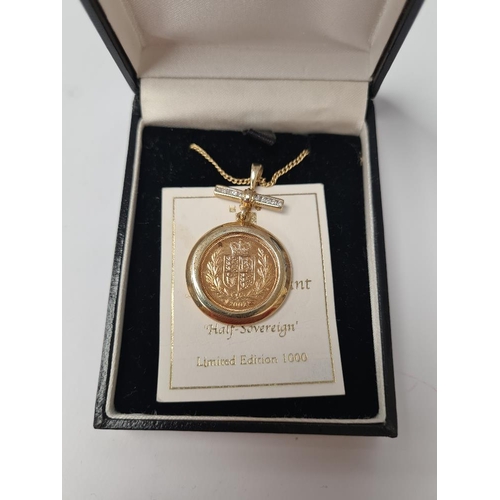 1031 - 9ct fine gold neckchain hung with a 2002 Half Sovereign Queen Elizabeth II and shield back in circul... 