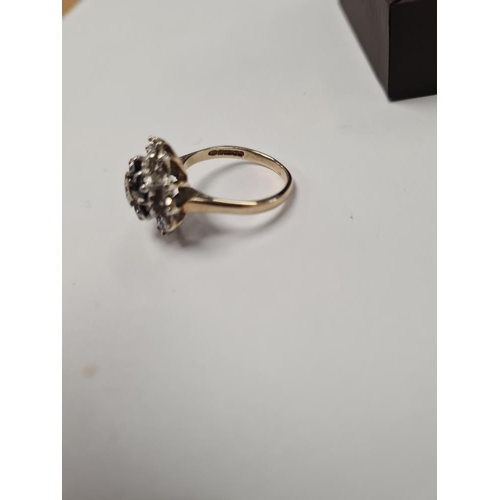 1033 - 9ct yellow gold sapphire and diamond cluster ring, marked 375, maker LF, size O, approx 4g