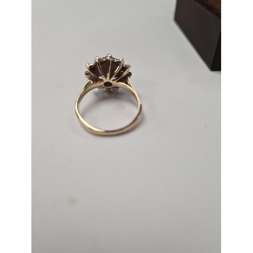 1033 - 9ct yellow gold sapphire and diamond cluster ring, marked 375, maker LF, size O, approx 4g