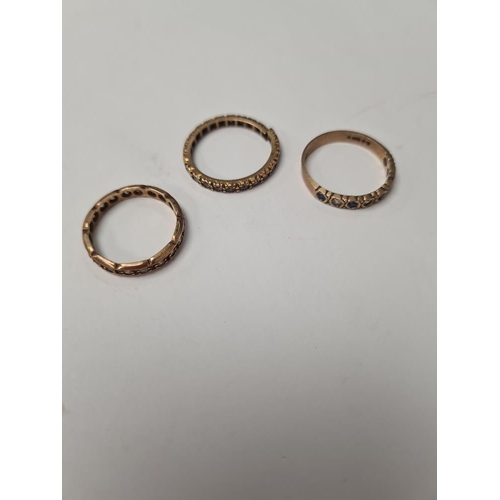 1055 - Three 9ct gold rings, 2 eternity styles (one AF) and a half hoop glass set example, 2 marked 9ct, on... 