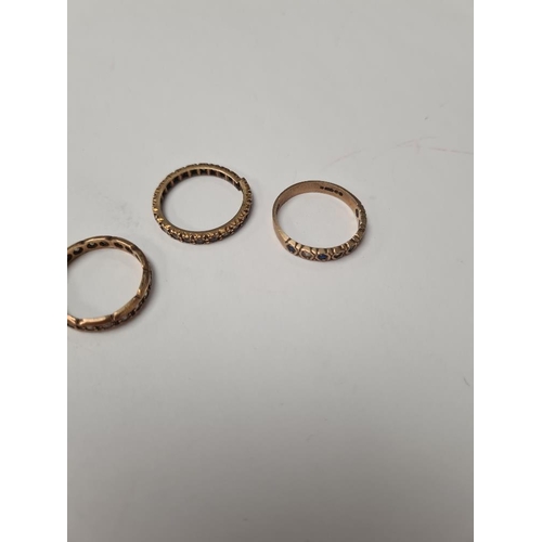 1055 - Three 9ct gold rings, 2 eternity styles (one AF) and a half hoop glass set example, 2 marked 9ct, on... 