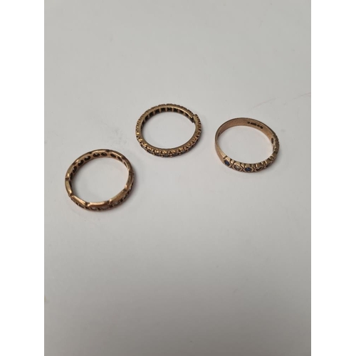 1055 - Three 9ct gold rings, 2 eternity styles (one AF) and a half hoop glass set example, 2 marked 9ct, on... 