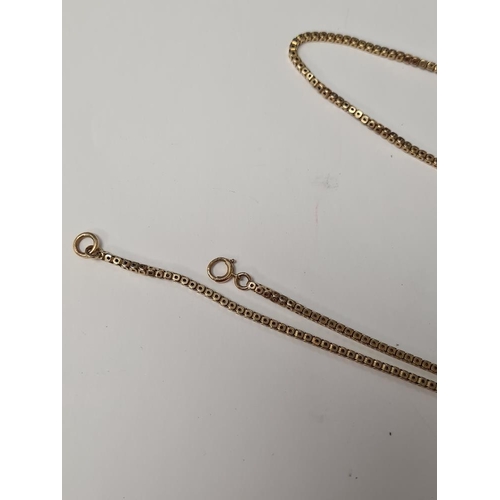 1063 - 9ct yellow gold box chain, marks worn, tests as 9ct, 116cm, 25.76g approx