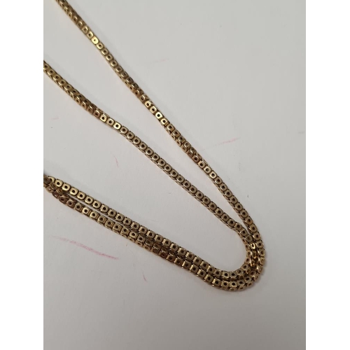 1063 - 9ct yellow gold box chain, marks worn, tests as 9ct, 116cm, 25.76g approx