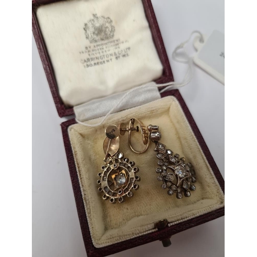 1077 - Pair of pretty Victorian 9ct and silver drop earrings with 9ct screw back, with 2 graduating diamond... 