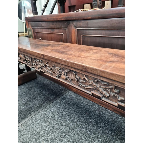 1194 - Early 20th century long Chinese bench having carved frieze and pierced ends, 185cm