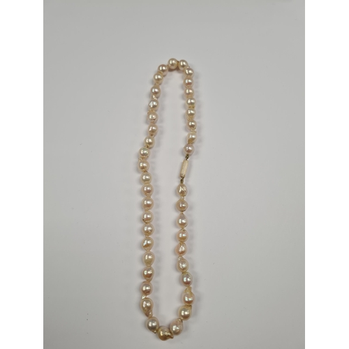 1047 - Single row of irregular shaped pearls, 40cm, with yellow gold clasp