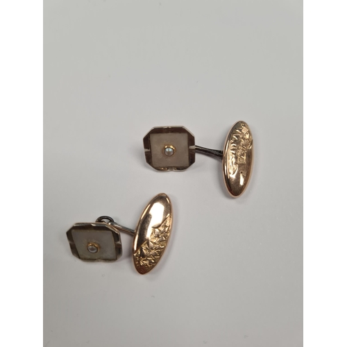 1051 - Pair of 9ct yellow gold cufflinks each a tapered square Mother of Pearl and seed pearl set, marked 3... 