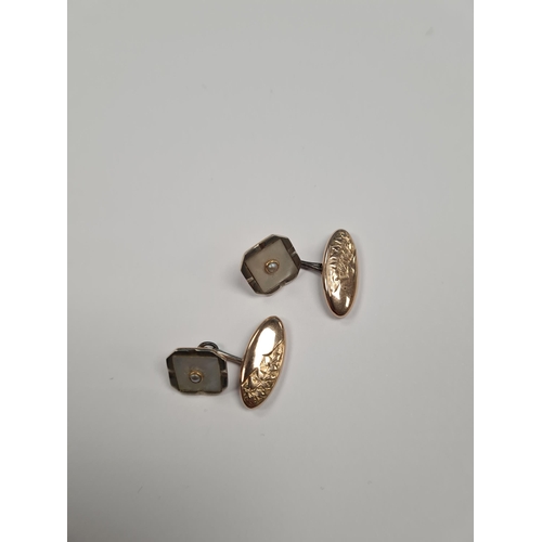 1051 - Pair of 9ct yellow gold cufflinks each a tapered square Mother of Pearl and seed pearl set, marked 3... 