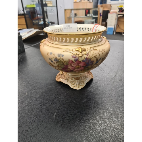 1170 - Victorian Royal Worcester blush ivory bowl, decorated flowers with pierced rim. 13cm and 18.5cm