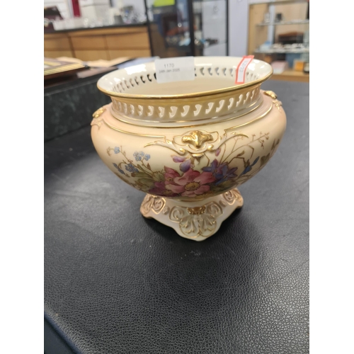 1170 - Victorian Royal Worcester blush ivory bowl, decorated flowers with pierced rim. 13cm and 18.5cm