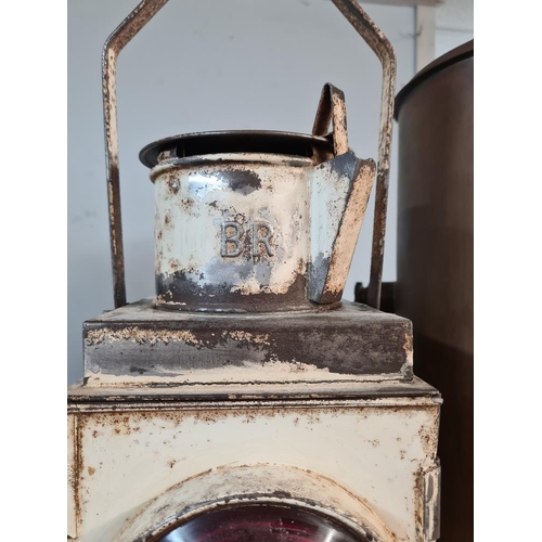 47 - Old copper double bulkhead lamp by Nippon Gento Company Ltd. and white painted British Rail lamp