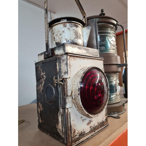 47 - Old copper double bulkhead lamp by Nippon Gento Company Ltd. and white painted British Rail lamp