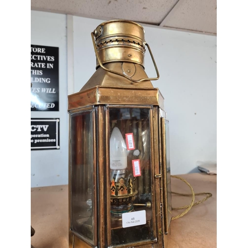 48 - Two brass table lamps and brass lantern