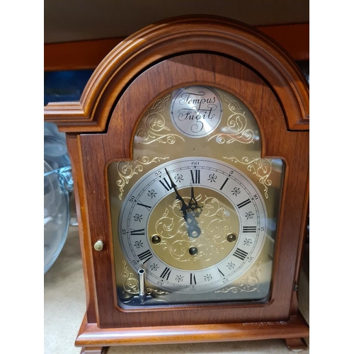 81 - Pair of Silver Plated telescopic candle sticks, reproduction mantle clock and a large Tea Caddy box ... 