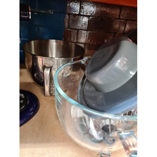 82 - Modern Kitchen Aid Artisan mixer, in blue with large glass toy