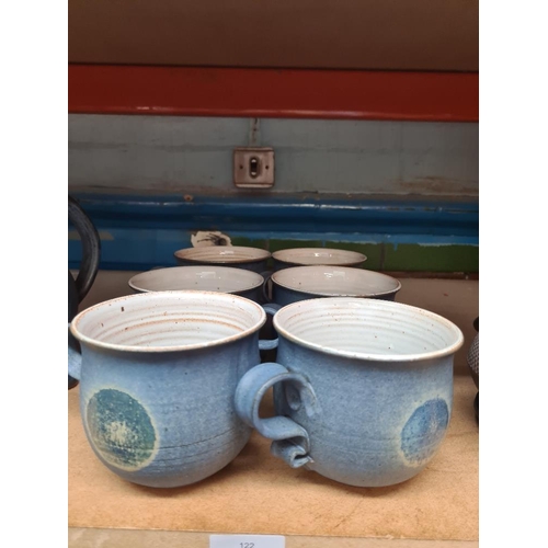 122 - Studio Pottery teapot with 6 large mugs and modern Japanese metal teapot on stand