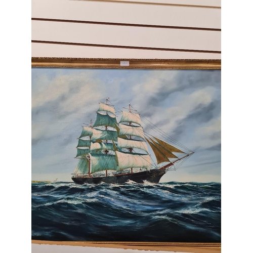 130A - Marchington; a mid 20th Century oil on canvas of Masted ship, 90 x 69.5cms