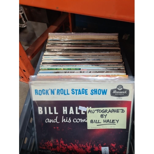 137 - Tray of vinyl records mainly 1960s including example autographed by Bill Haley