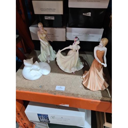 147 - Three modern Royal Doulton ladies and a box of sundry