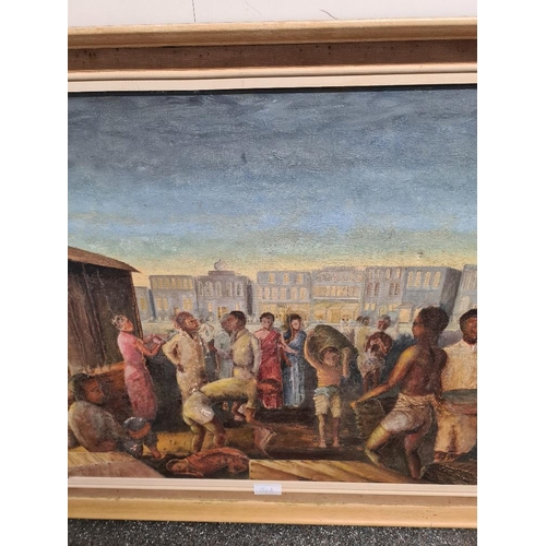 150A - Morgan;1960s Oil Painting African figures with buildings behind, 59.5x50cm signed