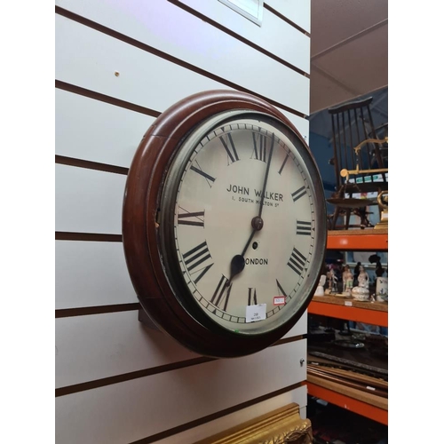 258 - Antique mahogany circular wall clock with fusee movement having modern/repainted dial