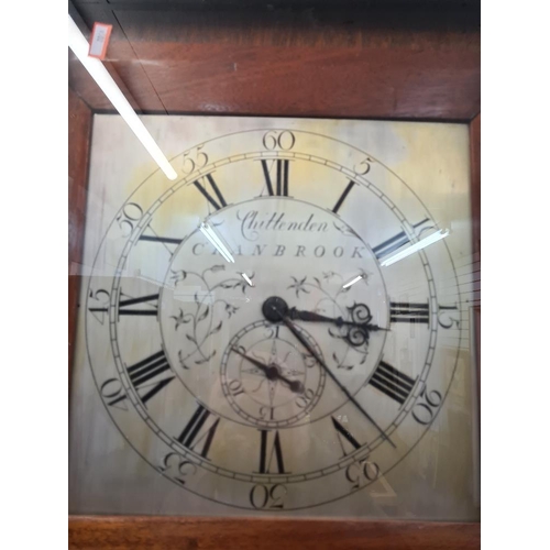 71 - Reproduction mahogany long case clock with silvered dial