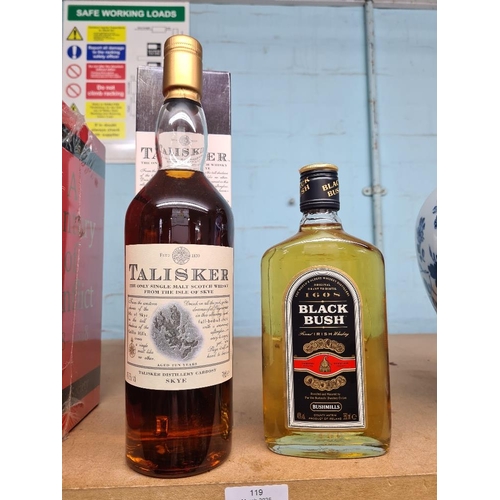 119 - Bottle of Talisker single malt whisky 70cl and a small bottle of Black Bush