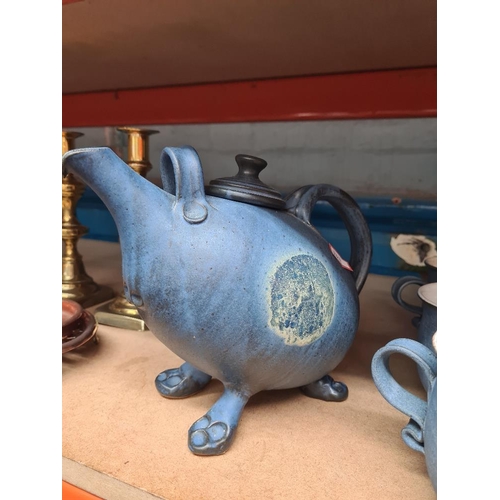 122 - Studio Pottery teapot with 6 large mugs and modern Japanese metal teapot on stand