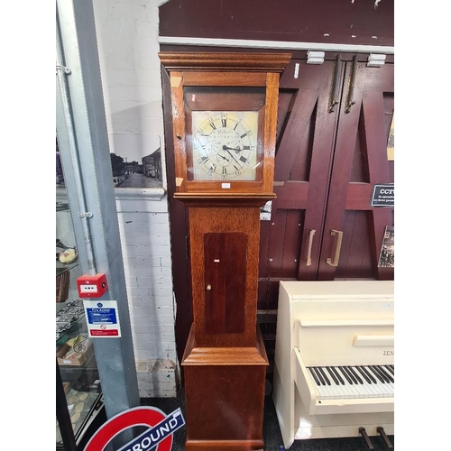 71 - Reproduction mahogany long case clock with silvered dial