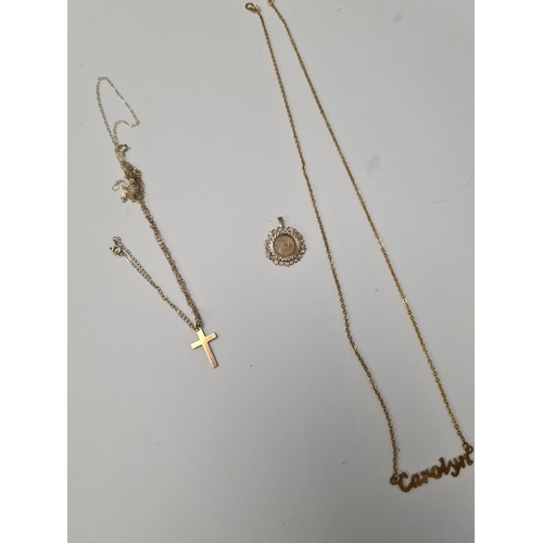 1004 - Fine 9ct yellow gold neckchain hung with a 9ct gold cross pendant and circular yellow metal pendant ... 