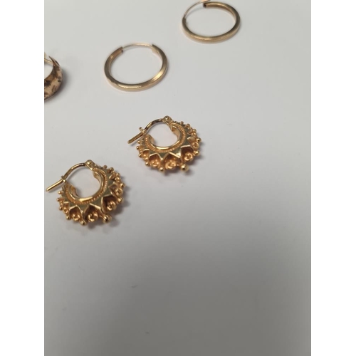 1063 - Pair of 9ct yellow gold Creole earrings, marked 375, and two other pairs hoop earrings, approx 3.4g