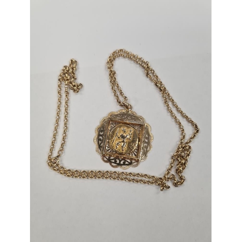 1127 - Unmarked yellow metal belcher chain, hung with an attractive 'St Christopher' pendant, marked 9c, ap... 