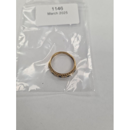 1146 - 18ct gold band ring set with alternating round cut sapphires and diamonds, size O, approx 3.12g