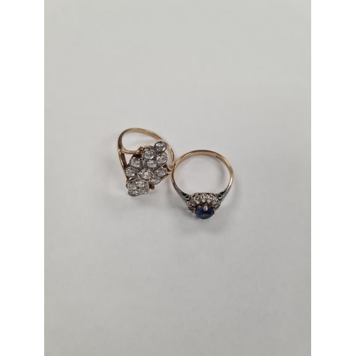 1159 - Pretty 9ct gold cluster ring, central blue sapphire surrounded clear stones, marked 9ct, size O, tog... 