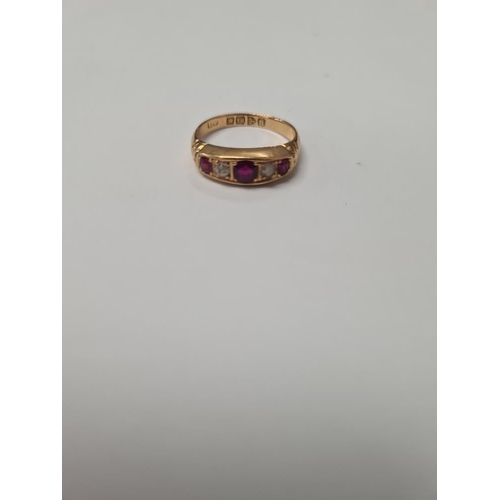 1010 - 18ct yellow gold Ruby & diamond dress ring with alternating ruby and diamonds, marked 18ct, Chester,... 