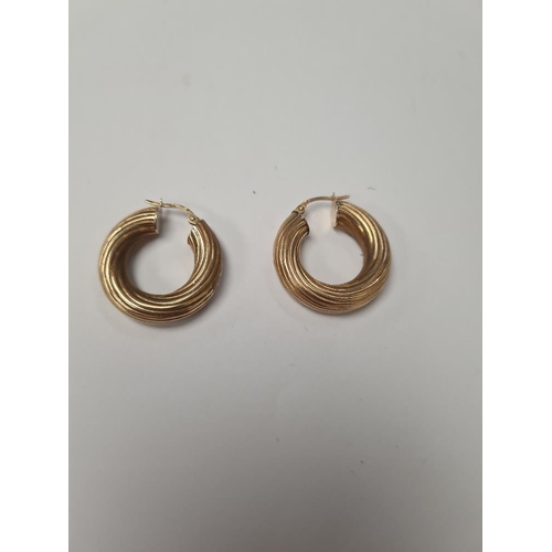 1011 - Pair of 9ct yellow gold hoop earrings, 2.5cm diameter, marked 375, approx 4g