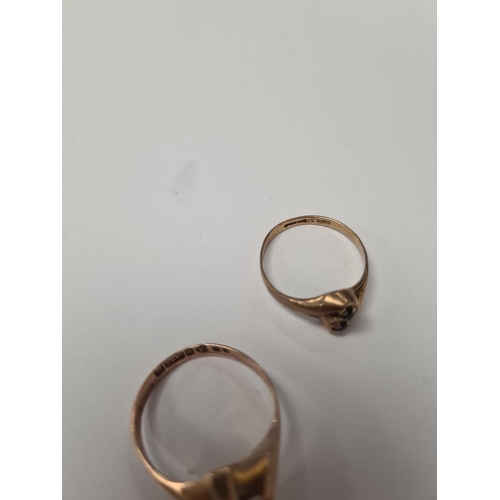 1014 - 9ct yellow gold ring AF, stone removed, size S, and a 9ct yellow gold crossover design ring set sapp... 