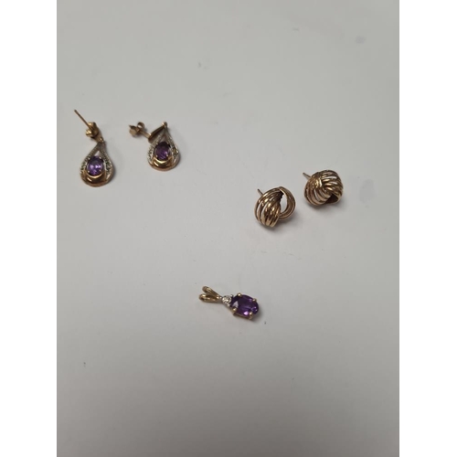 1016 - Two pairs of gem set earrings, one an amethyst set drop pair, with similar pendant, and a pair 9ct k... 